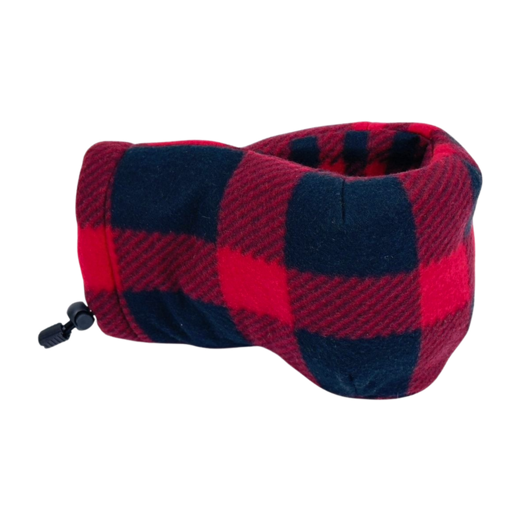 Red and black buffalo plaid Giddyup Glove™ holding a beverage, right-hand view, cozy insulated mitten for winter sipping.