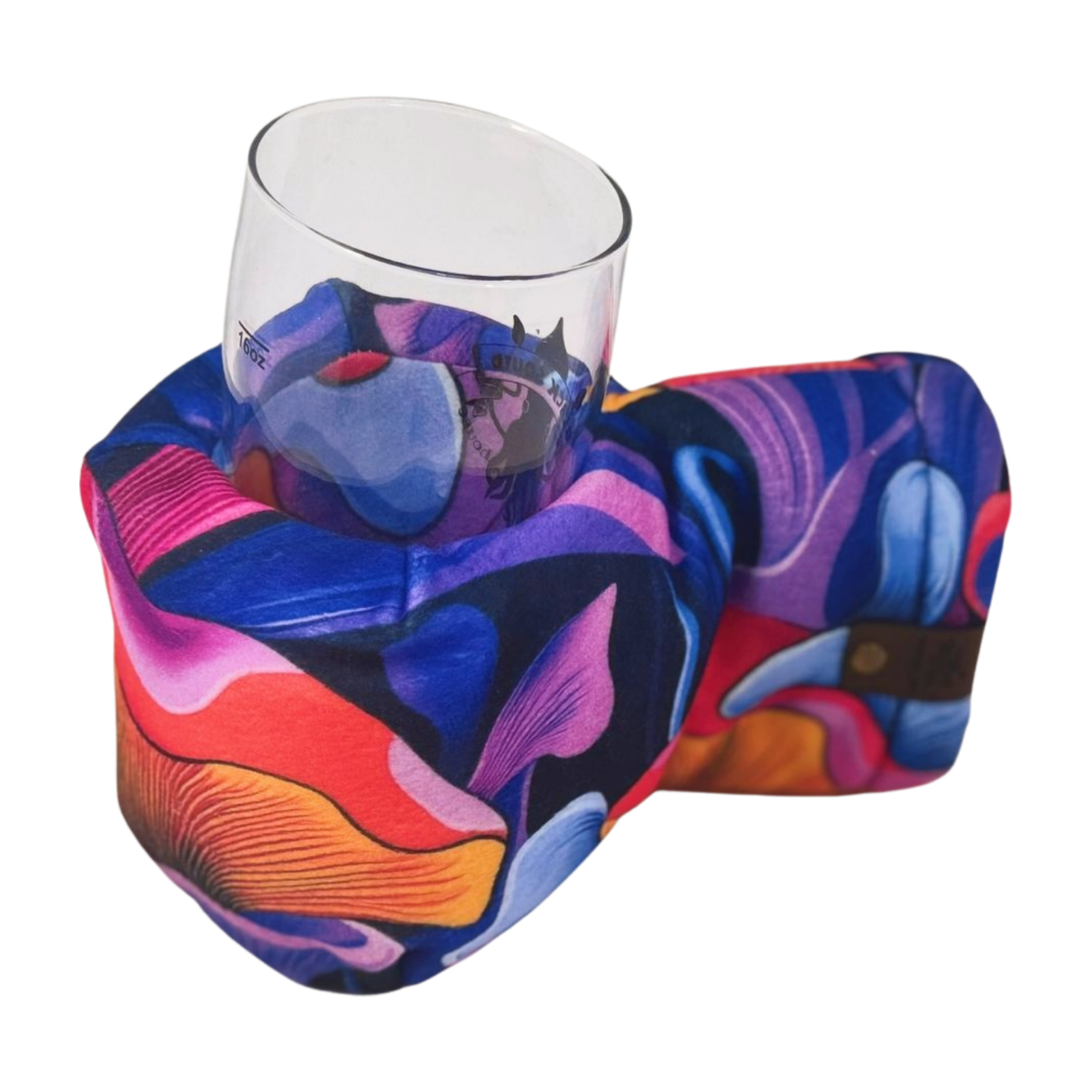 Spores of Perception Giddyup Glove™ holding a glass, featuring the ergonomic, ambidextrous design.