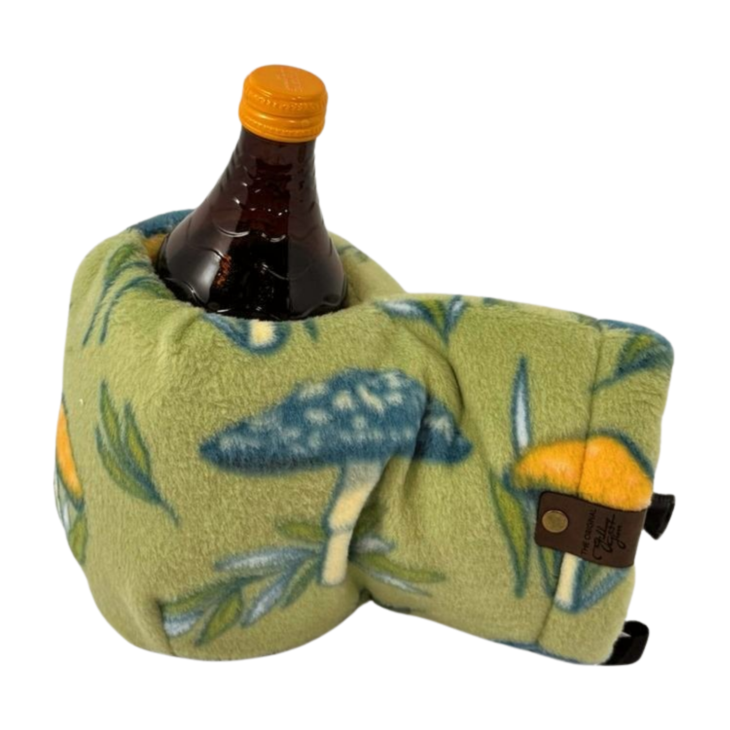 Sprout Shroom Giddyup Glove™ gripping hot or cold beverage, showing fleece drink-holding mitten in action