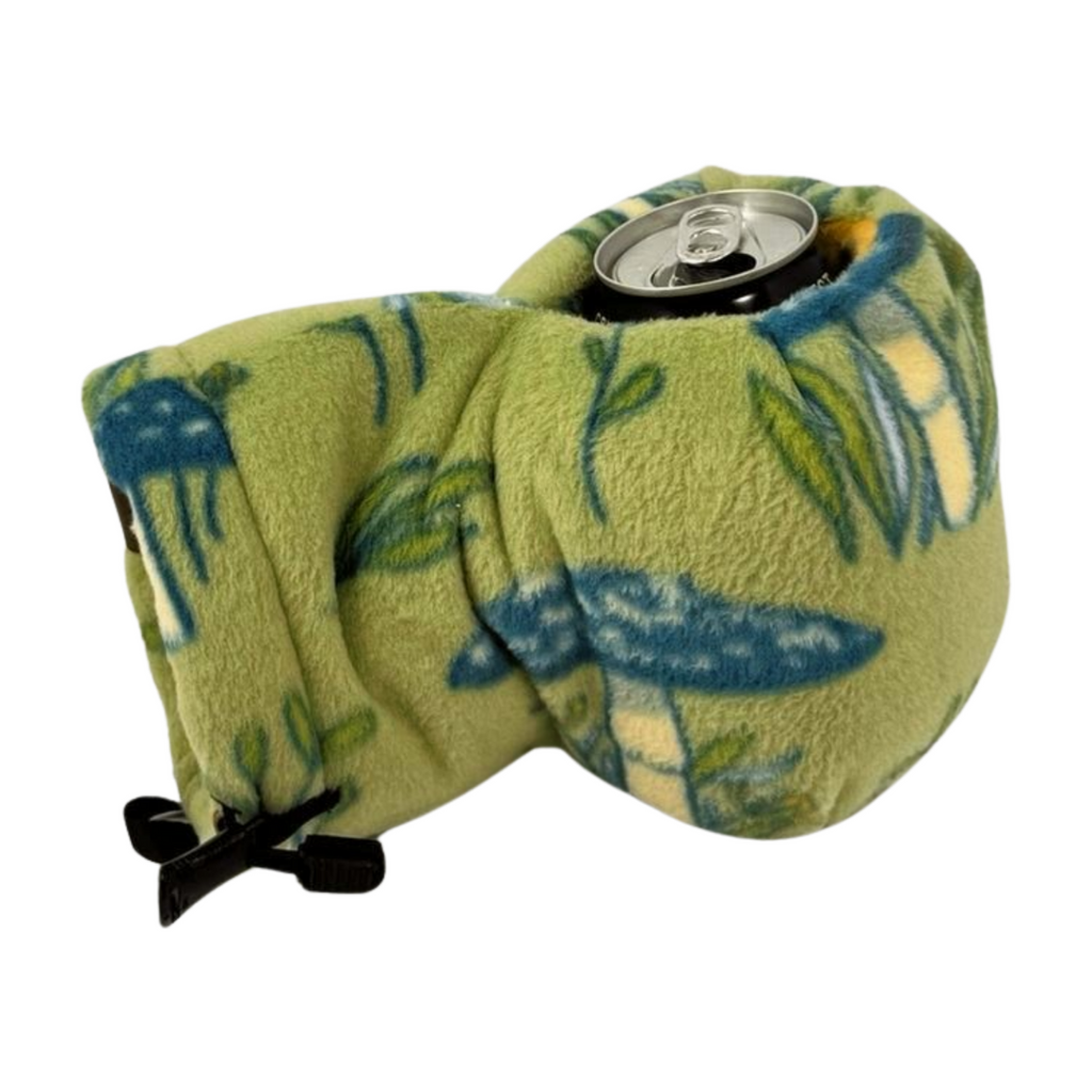 Sprout Shroom Giddyup Glove™ gripping hot or cold beverage, showing fleece drink-holding mitten in action