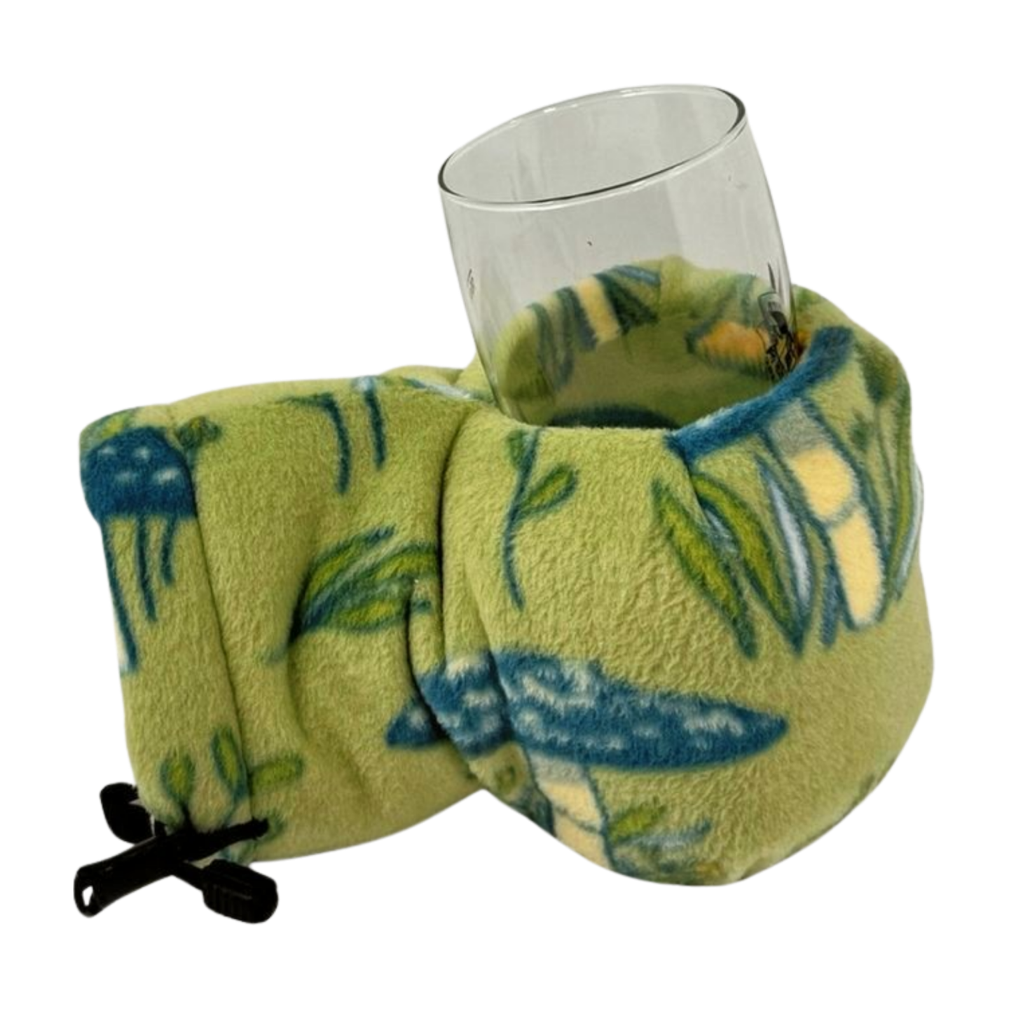 Sprout Shroom Giddyup Glove™ gripping hot or cold beverage, showing fleece drink-holding mitten in action