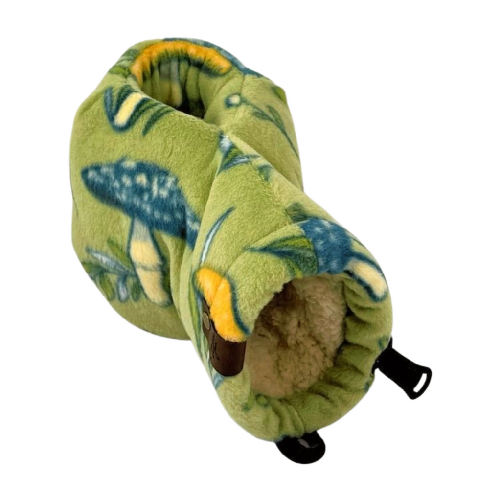 Bottom view of Sprout Shroom Giddyup Glove™ showing fleece insulated drink-holding mitten with mushroom print