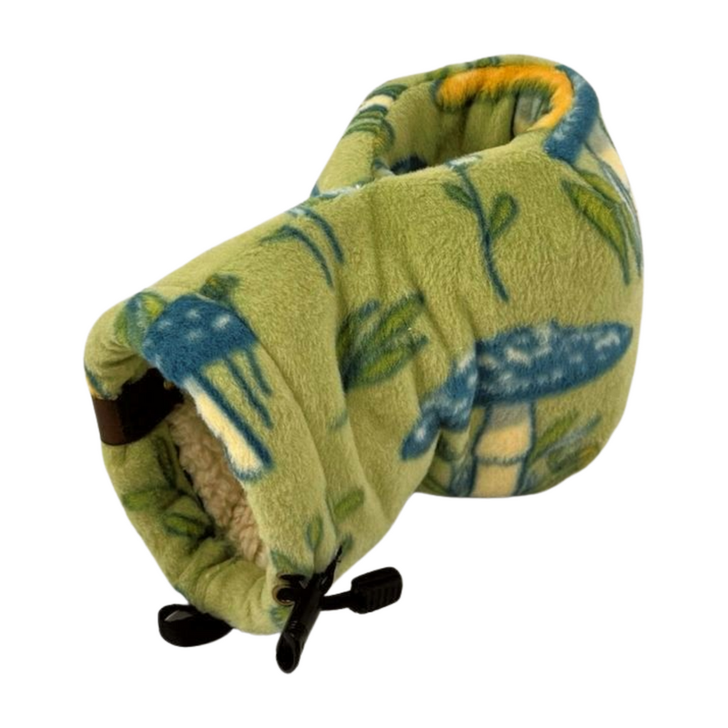 Bottom view of Sprout Shroom Giddyup Glove™ showing fleece insulated drink-holding mitten with mushroom print