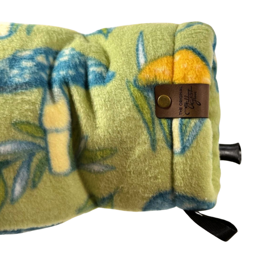 Close-up of Sprout Shroom Giddyup Glove™ wrist showing snug fit, insulation, and mushroom-patterned fleece