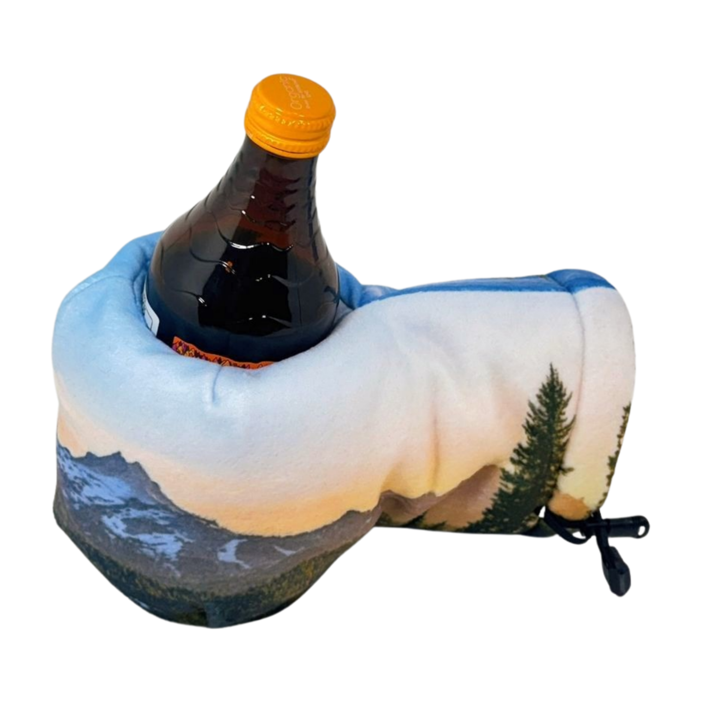 Top view of Sunrise Summit Giddyup Glove™ holding a bottle, a beer Kozy alternative for cold weather