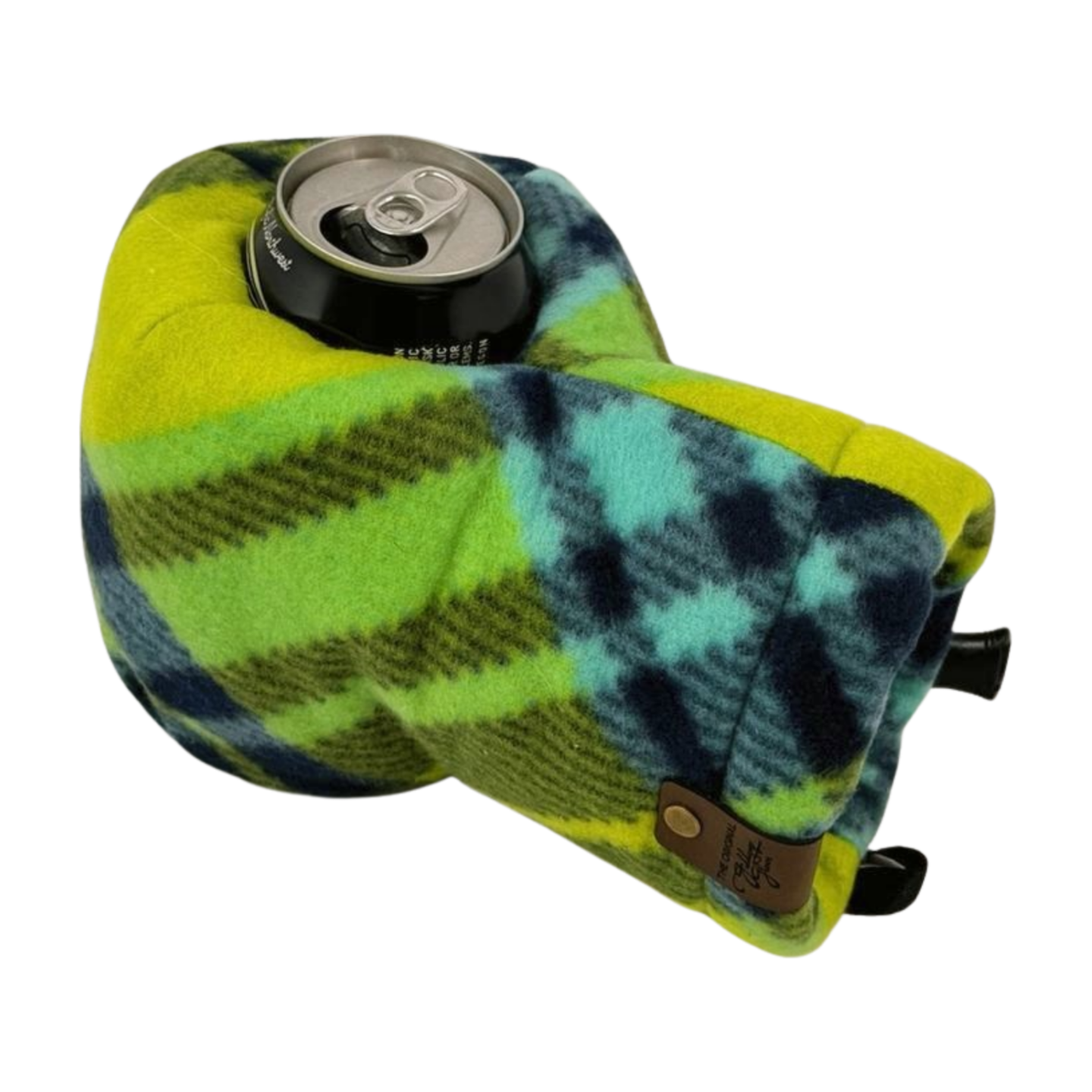 Limey Plaid Giddyup Glove™ holding a can, showcasing ergonomic grip and insulated design.