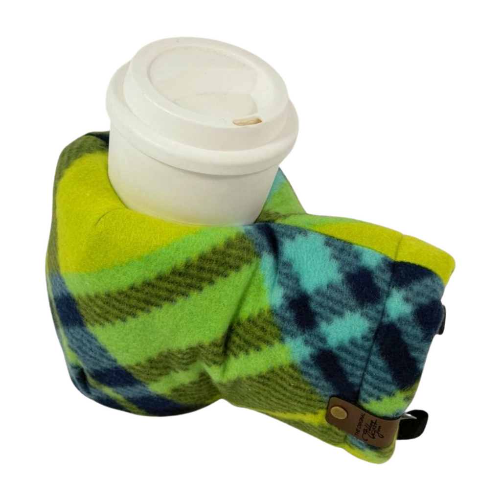 Limey Plaid Giddyup Glove™ holding a tumbler, demonstrating hands-free insulated drink support.