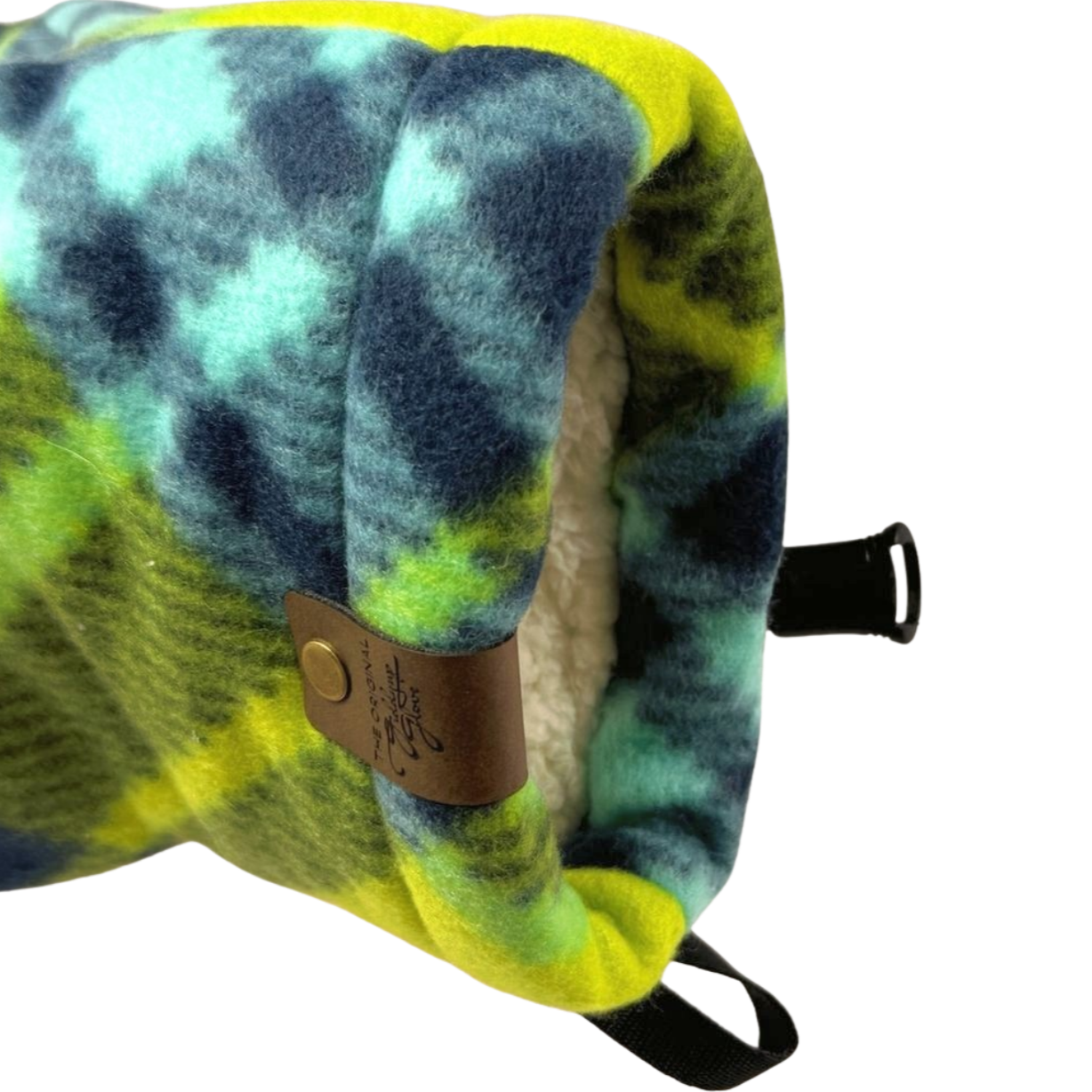 Limey Plaid Giddyup Glove™ worn open on the left wrist, showing interior lining and hand insertion.