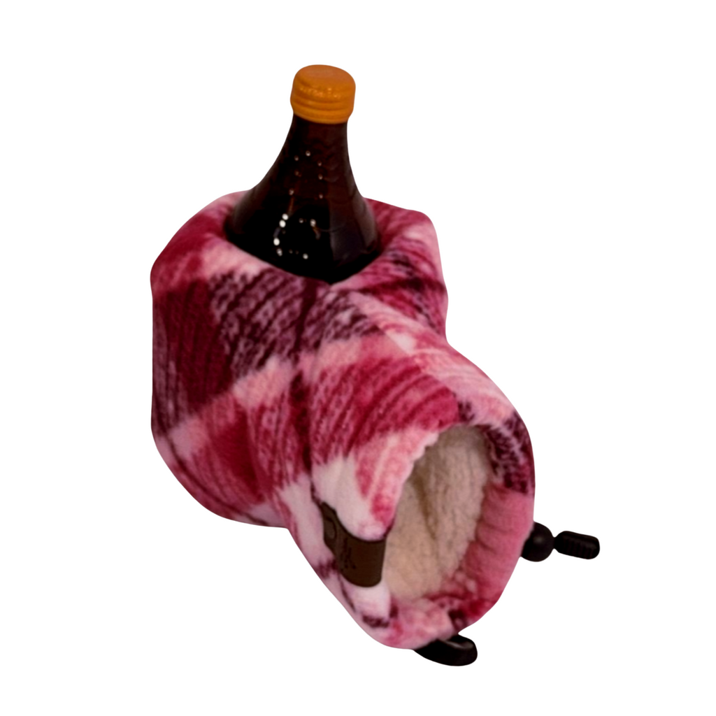 Think Pink Plaid Giddyup Glove™ holding a bottle, insulated mitten designed for outdoor and après activities.