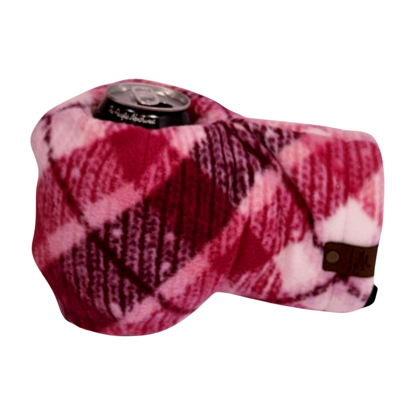 Think Pink Plaid Giddyup Glove™ holding a can, insulated hand mitten for hot or cold beverages.