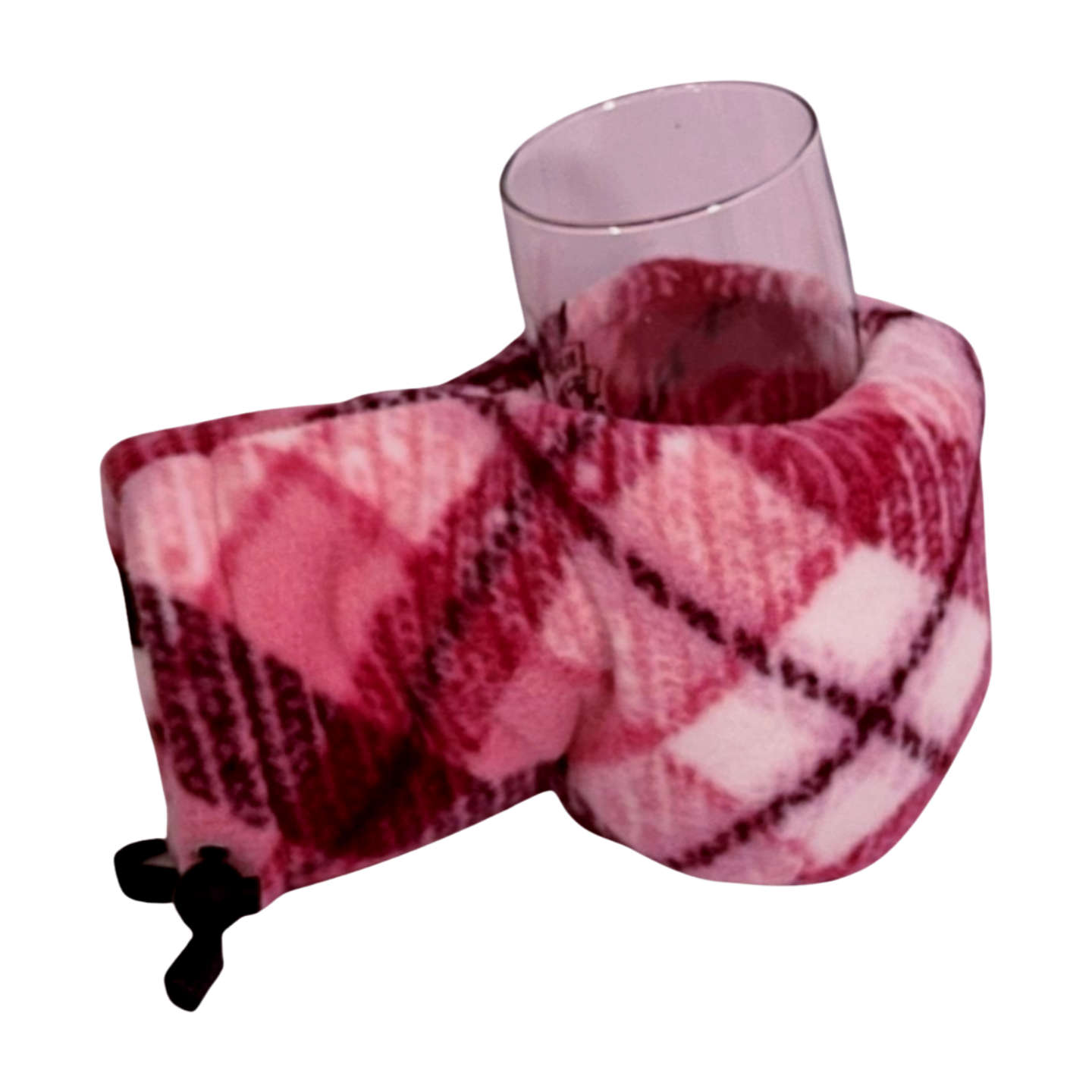 Think Pink Plaid Giddyup Glove™ holding a glass, cozy winter glove with built-in drink support.
