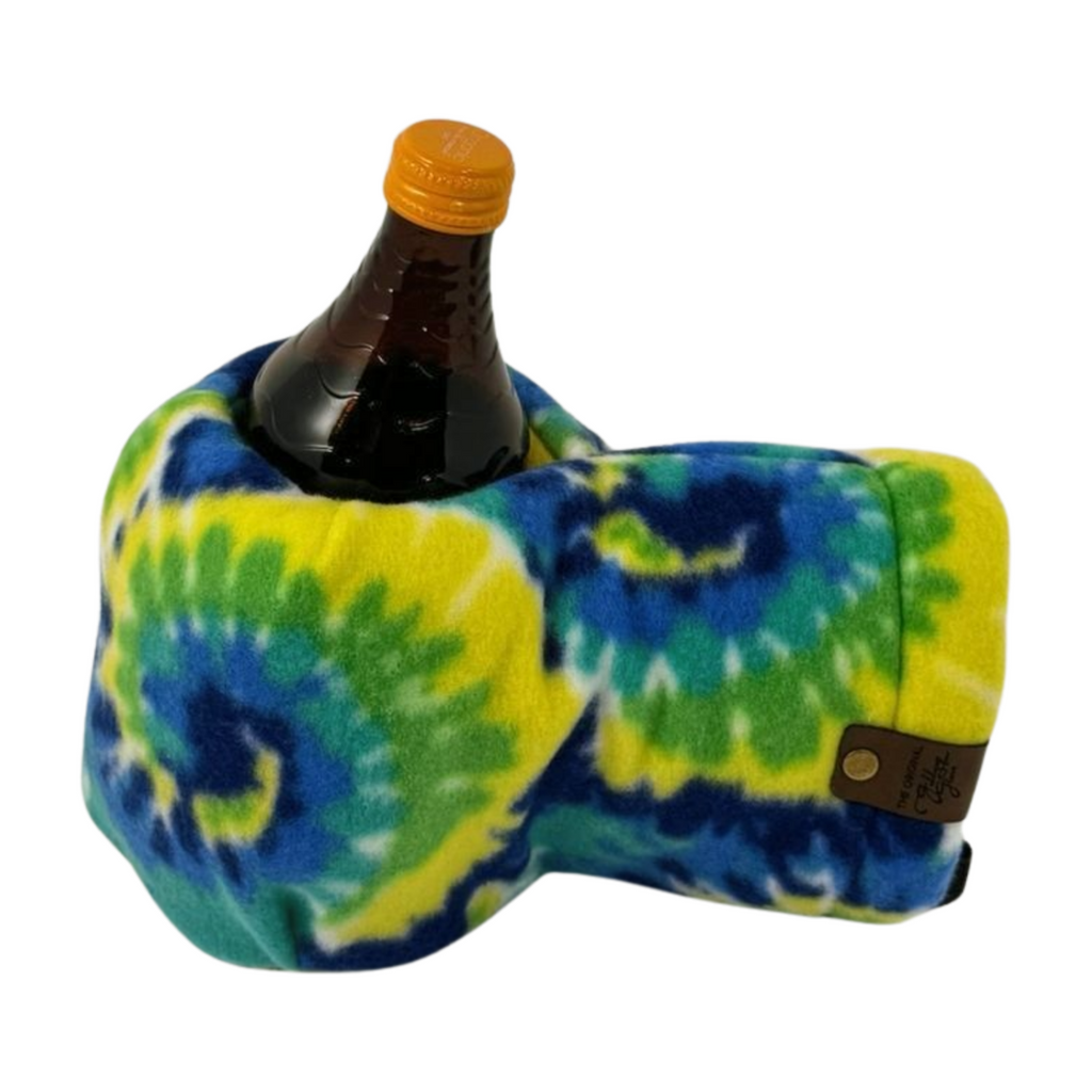 Top view of Tie-Dye Giddyup Glove™ holding a bottle, a beer Kozy alternative for cold weather