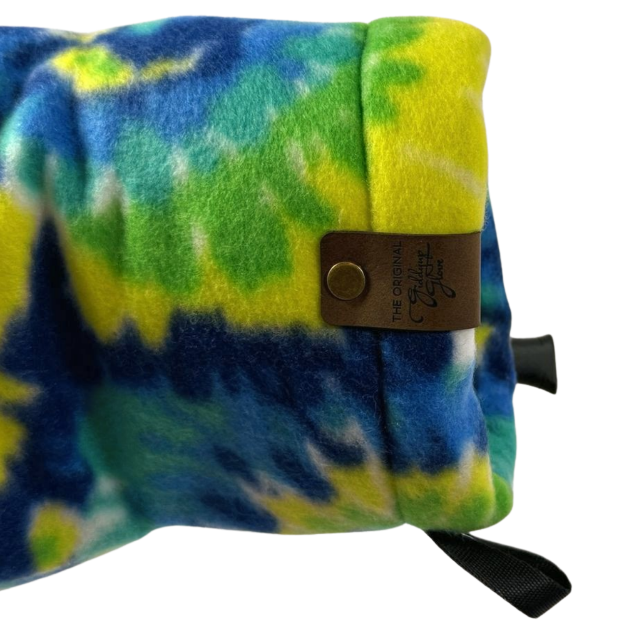 Close-up of Tie-Dye Giddyup Glove™ wrist strap and insulated cuff for sidelines or outdoor use