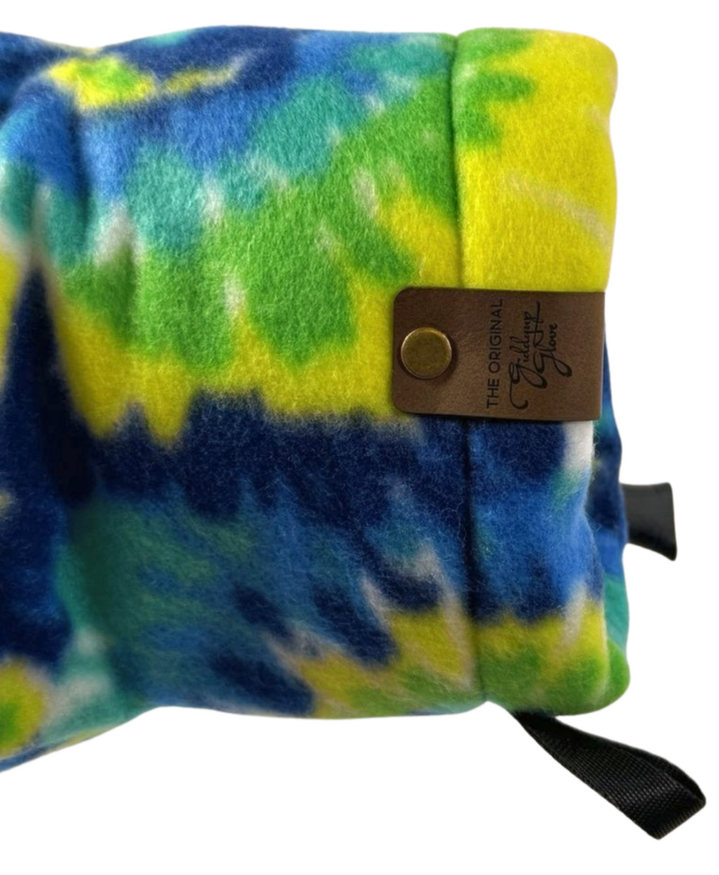 Close-up of Tie-Dye Giddyup Glove™ wrist strap and insulated cuff for sidelines or outdoor use