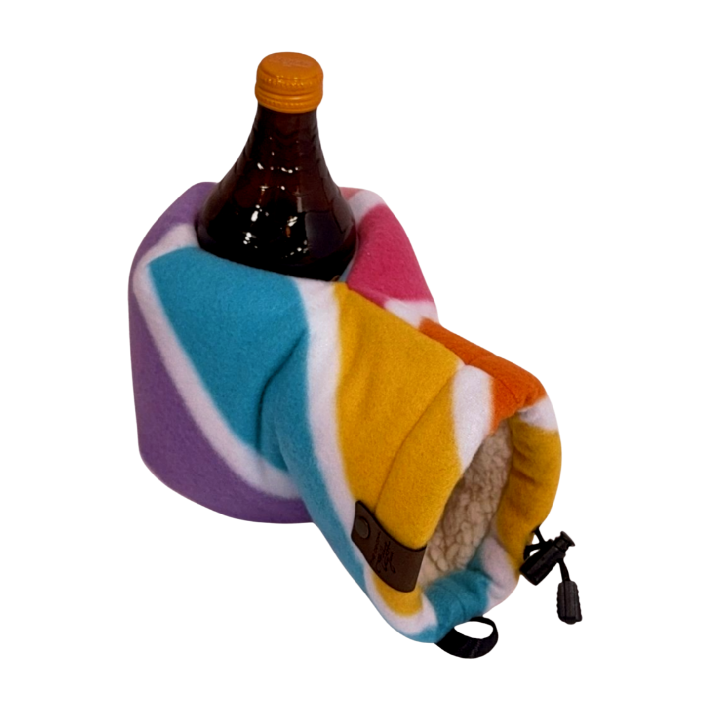 Unicorns Candy Cane Giddyup Glove™ holding a bottle, showcasing no-grip drink holder design and playful holiday unicorn print.