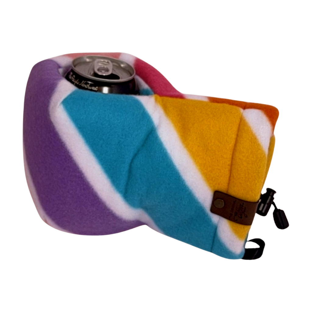 Unicorns Candy Cane Giddyup Glove™ holding a beverage can, featuring insulated fleece and hands-free drink holder for winter sipping.