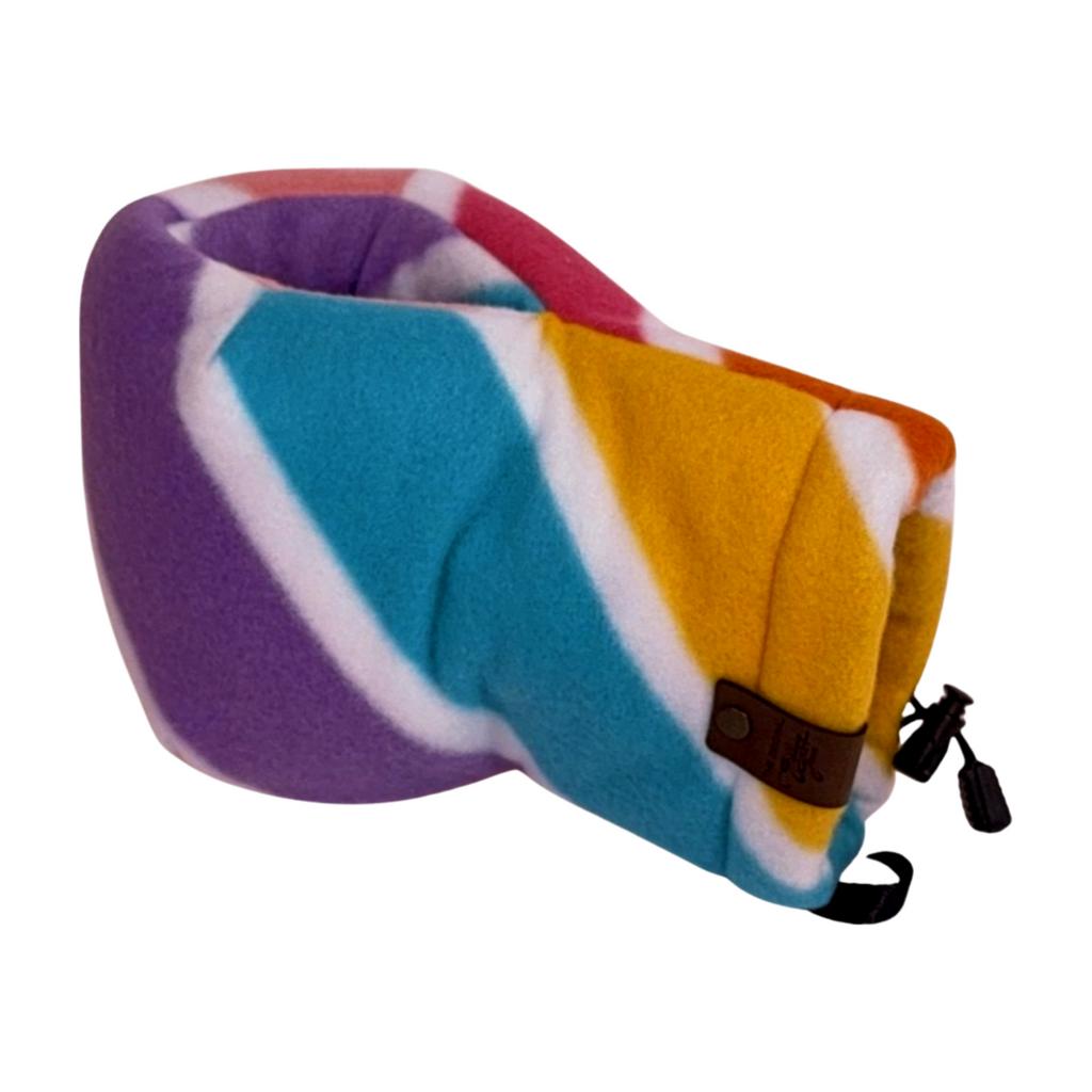 Front view of the Unicorns Candy Cane Giddyup Glove™, a fleece mitten with whimsical unicorn and candy cane print and built-in drink holder.