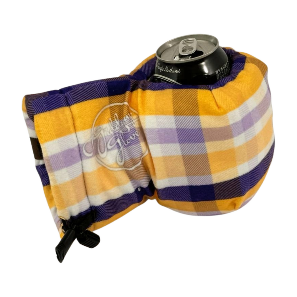 Winter Sunset Purple Gold Plaid Giddyup Glove™ holding a can, perfect for hot or cold drinks.