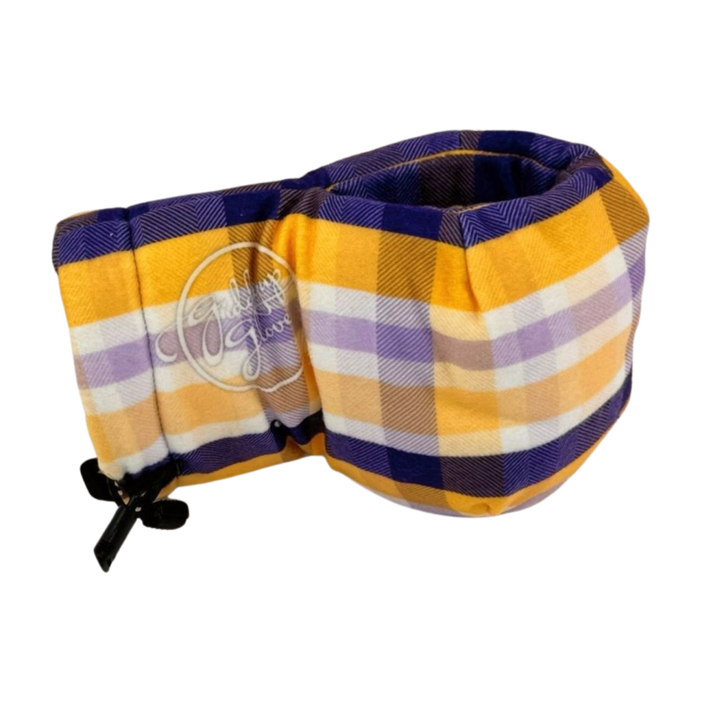 Right view of Winter Sunset Purple Gold Plaid Giddyup Glove™, cozy insulated mitten with built-in drink holder.