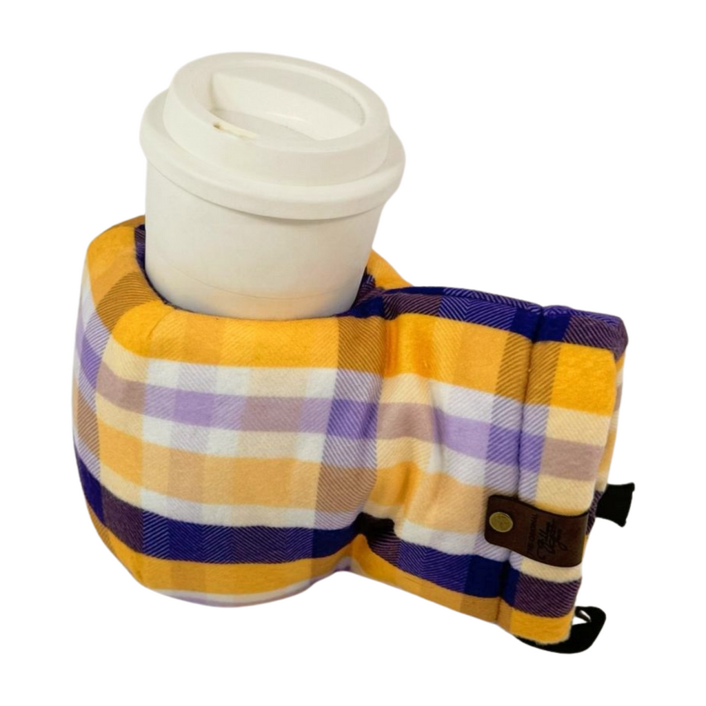 Winter Sunset Purple Gold Plaid Giddyup Glove™ holding a tumbler, insulated handwear for winter beverages.