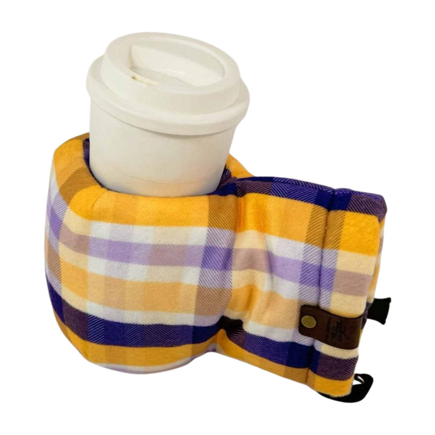 Winter Sunset Purple Gold Plaid Giddyup Glove™ holding a tumbler, insulated handwear for winter beverages.