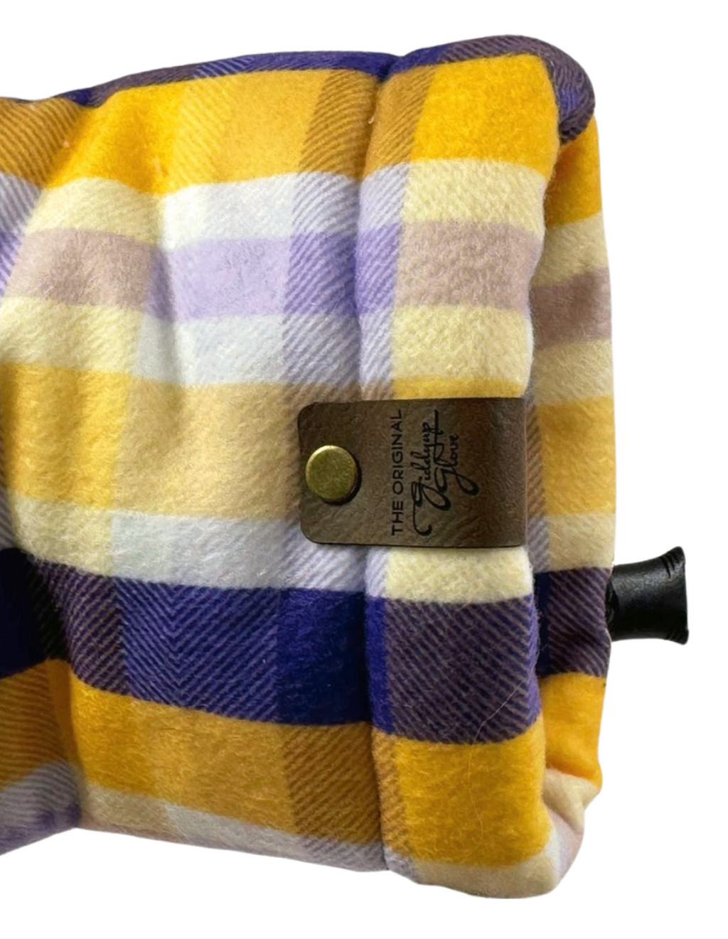 Close-up of left wrist on Winter Sunset Purple Gold Plaid Giddyup Glove™, highlighting fabric texture and cuff.