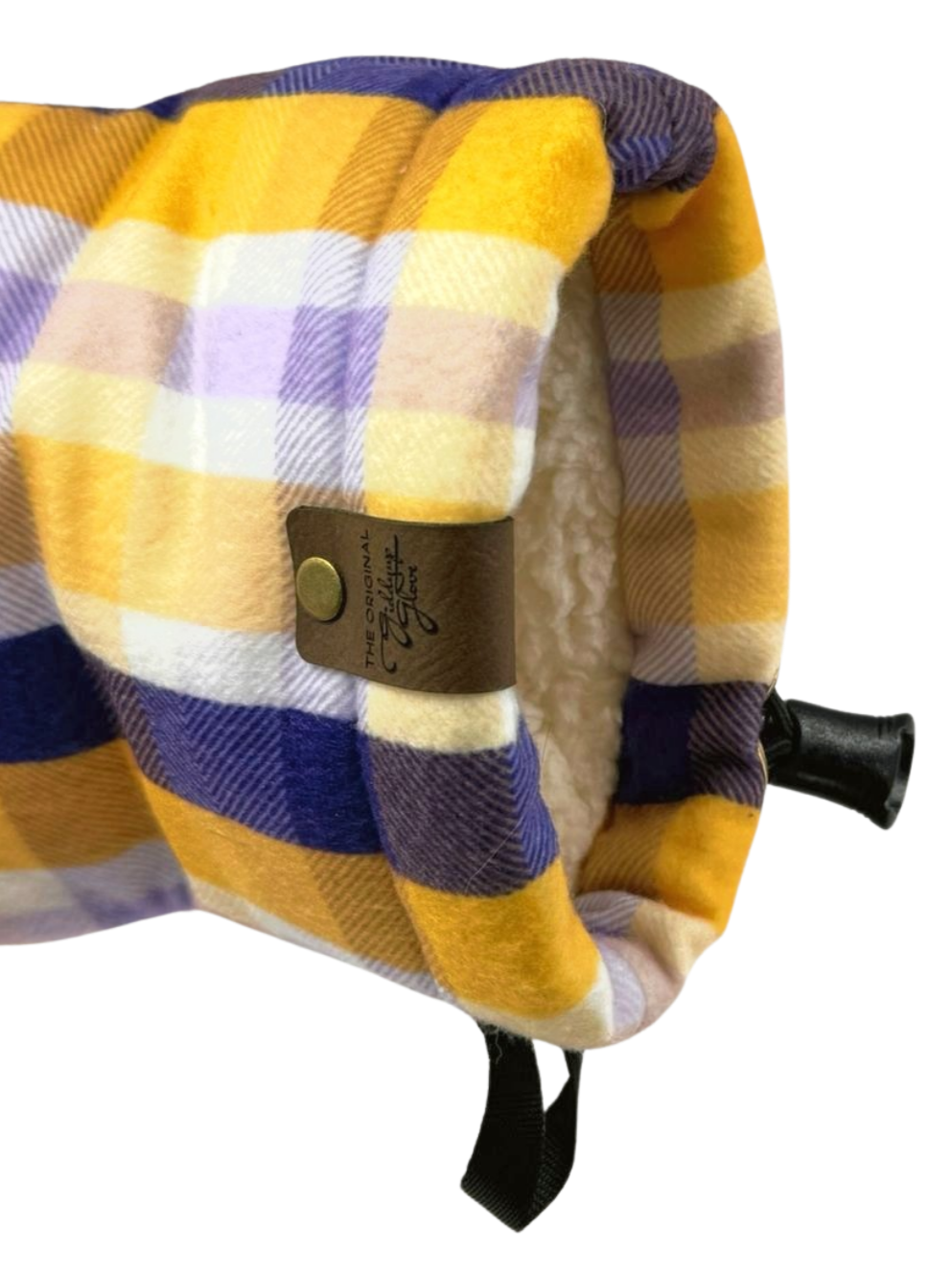 Left wrist of Winter Sunset Purple Gold Plaid Giddyup Glove™ open to show interior insulation and design.