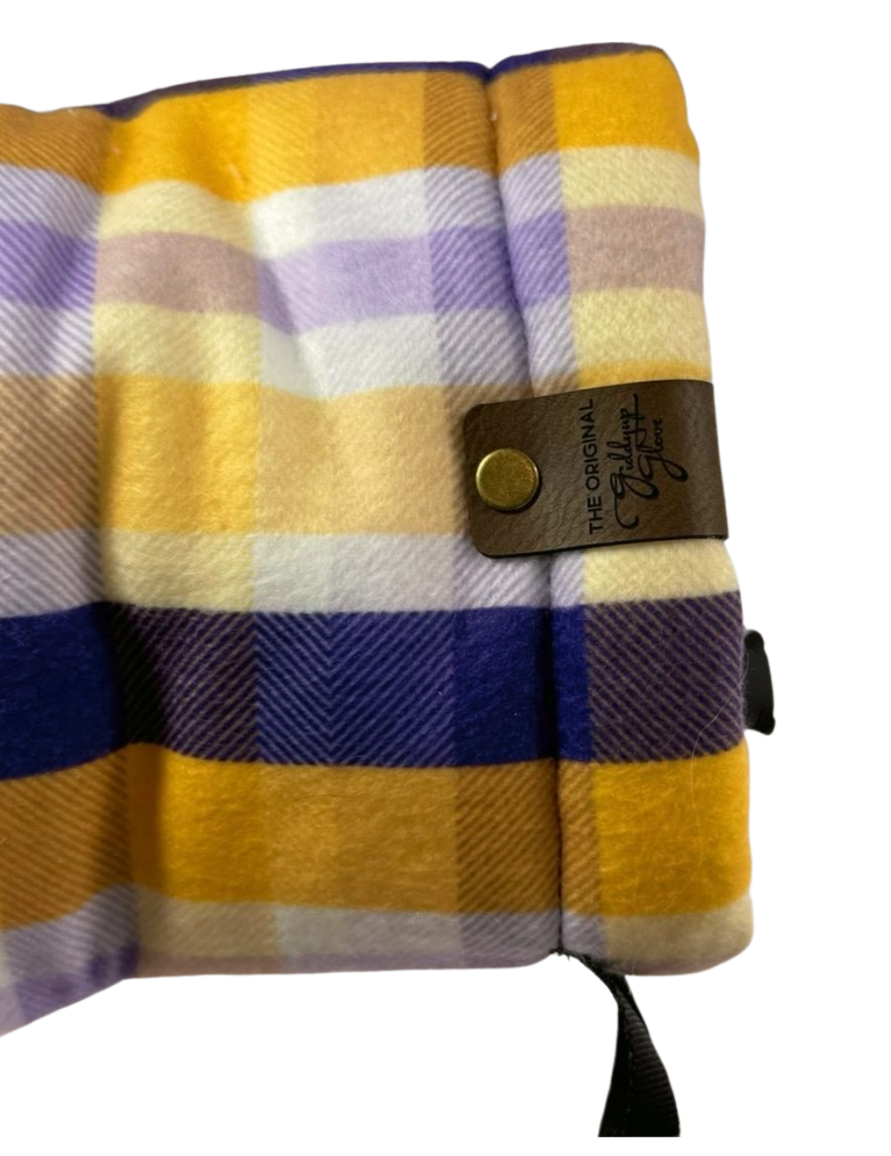 Left wrist view of Winter Sunset Purple Gold Plaid Giddyup Glove™, showcasing glove cuff and plaid pattern.