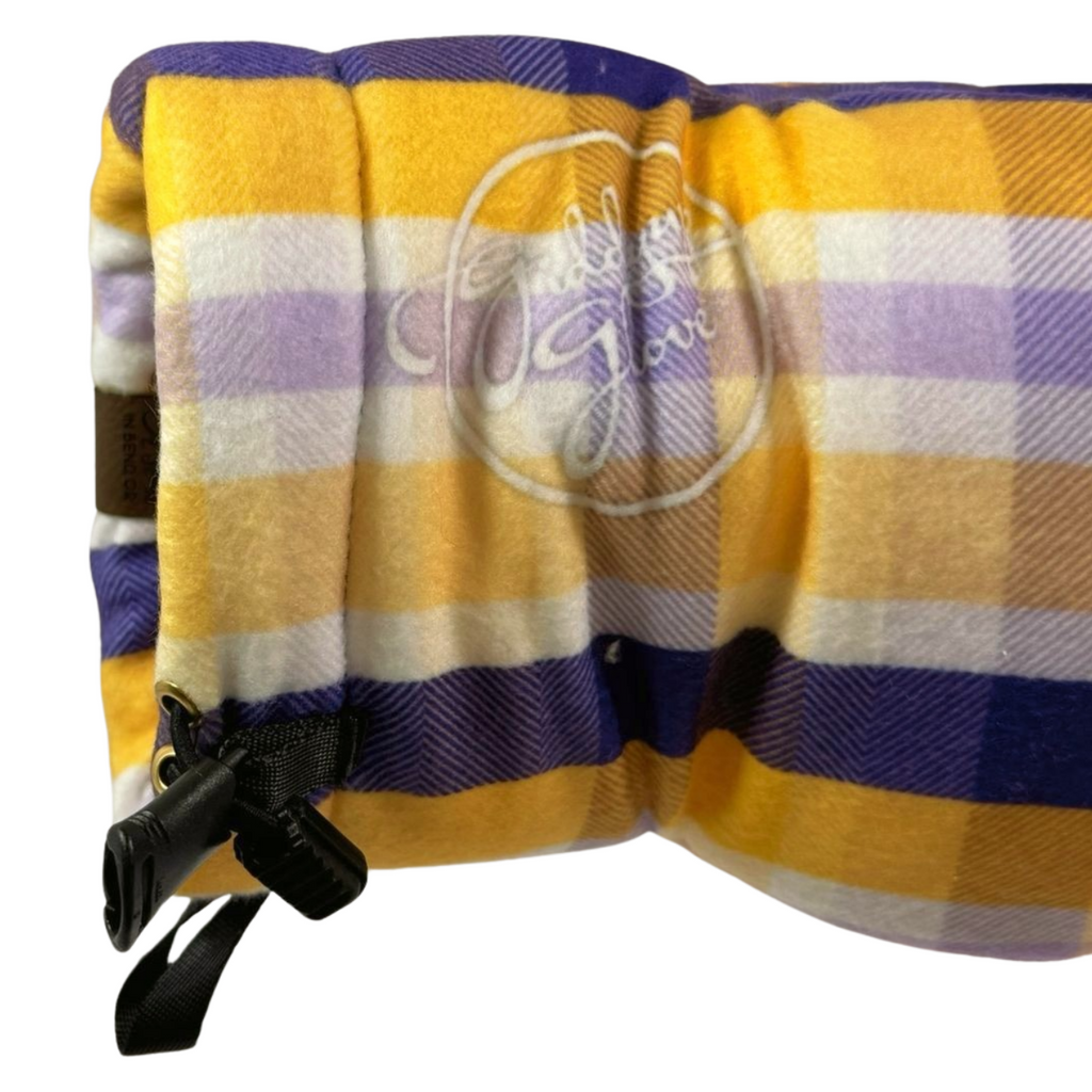 Right wrist view of Winter Sunset Purple Gold Plaid Giddyup Glove™, insulated and stylish winter handwear.